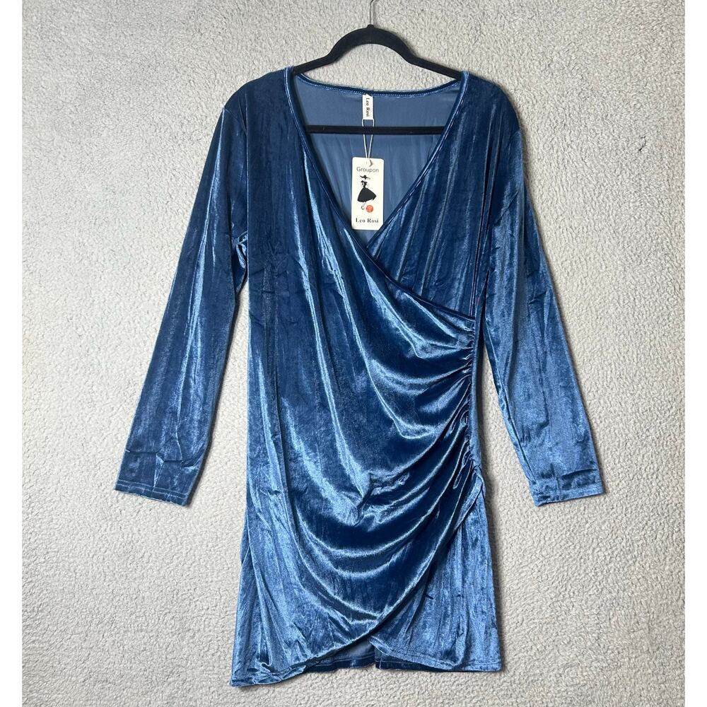 Velvet Dress Womens Juniors 2XL Blue Ruched V Neck Bodycon Formal Party Xmas NEW